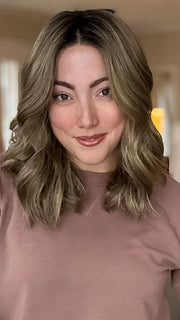 Jen Brown @being_mrs_brown wearing MOLLY by ENVY in color HONEY BREEZE | A blend of Cool, Honey Blonde and Multi-Dimensional Medium Brown with Darker Brown Roots