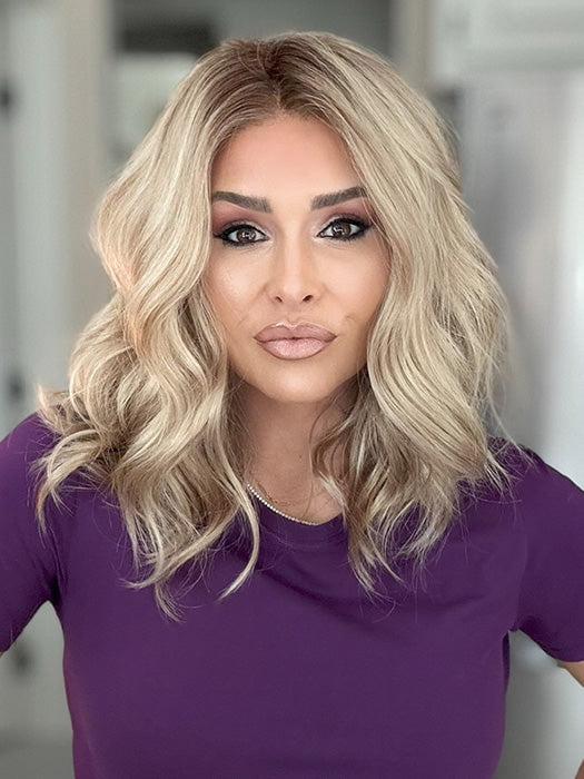 Crystal @crystallhoneycutt wearing MOLLY by ENVY in color SPARKLING CHAMPAGNE | Medium Brown roots with overall Strawberry Blonde base and soft Golden Blonde highlights