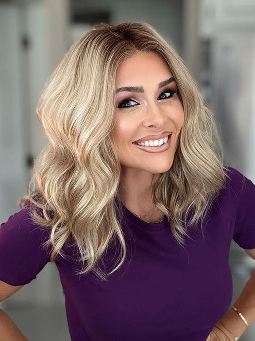 Crystal @crystallhoneycutt wearing MOLLY by ENVY in color SPARKLING CHAMPAGNE | Medium Brown roots with overall Strawberry Blonde base and soft Golden Blonde highlights