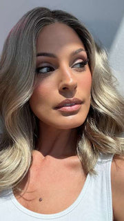 MOLLY by ENVY in color GOLDEN SANDSTONE | Creamy Beige-Blonde with Darker Brown Roots