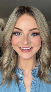 Sandy @i_be_wiggin wearing MOLLY by ENVY BY ALAN EATON in color    GOLDEN SANDSTONE | Creamy Beige-Blonde with Darker Brown Roots