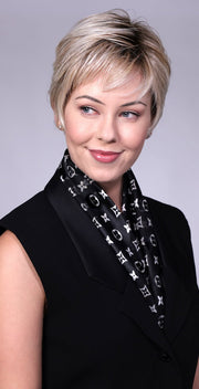 Model is wearing Gramercy in CRUSHED ALMOND BLONDE R | A soft Neutral Light Blonde with a Light and Medium Blended Root Color