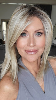 Natalie Gray @vanish.into.thin.hair wearing MELODY by ELLEN WILLE in color CHAMPAGNE ROOTED 24.25.20 | Lightest Ash Blonde and Lightest Golden Blonde with Light Strawberry Blonde Blend and Shaded Roots