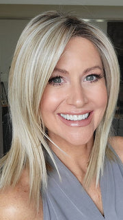 Natalie Gray @vanish.into.thin.hair wearing MELODY by ELLEN WILLE in color CHAMPAGNE ROOTED 24.25.20 | Lightest Ash Blonde and Lightest Golden Blonde with Light Strawberry Blonde Blend and Shaded Roots