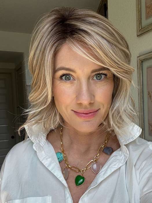 Jenny B. @thewiggygirl wearing NEWPORT by BELLETRESS in color MILKSHAKE BLONDE R | A mixture of Light Sandy Brown, Highlighted with Light Ash Blonde with a Hint of Light Platinum Blonde with a Medium Root Color