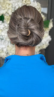 Eileen @crazywiglady is wearing NEXT TOP MODEL by TRESSALLURE in color EL52/38/49/R8 | 3 Tone Grey Rooted Medium Brown (styled into bun)