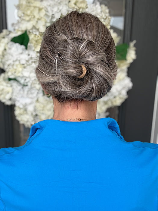Eileen @crazywiglady is wearing NEXT TOP MODEL by TRESSALLURE in color EL52/38/49/R8 | 3 Tone Grey Rooted Medium Brown (styled into bun)
