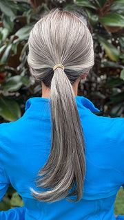 Eileen @crazywiglady is wearing NEXT TOP MODEL by TRESSALLURE in color EL52/38/49/R8 | 3 Tone Grey Rooted Medium Brown (styled into ponytail)