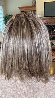 Eileen @crazywiglady is wearing NINA by BELLE TRESS in color BROWN SUGAR COOKIE R | The roots are a Rich Brown Tone that seamlessly transitions into a Warm