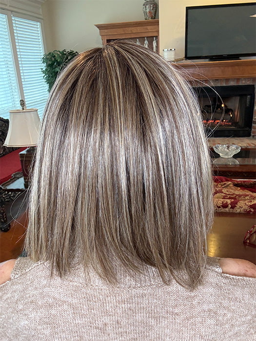 Eileen @crazywiglady is wearing NINA by BELLE TRESS in color BROWN SUGAR COOKIE R | The roots are a Rich Brown Tone that seamlessly transitions into a Warm