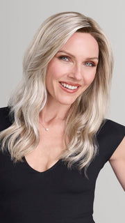 Model is wearing OLIVIA in FS17/101S18 PALM SPRINGS BLONDE | Light Ash Blonde w/ Pure White Natural Violet, Shaded w/ Dark Natural Ash Blonde