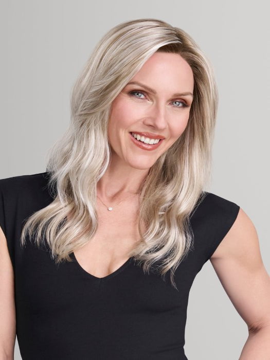 Model is wearing OLIVIA in FS17/101S18 PALM SPRINGS BLONDE | Light Ash Blonde w/ Pure White Natural Violet, Shaded w/ Dark Natural Ash Blonde