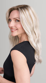 Model is wearing OLIVIA in FS17/101S18 PALM SPRINGS BLONDE | Light Ash Blonde w/ Pure White Natural Violet, Shaded w/ Dark Natural Ash Blonde