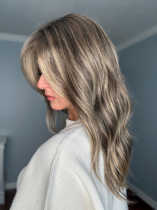 Sandy @i_be_wiggin wearing OLIVIA by JON RENAU in color 24BT18S8 SHADED MOCHA | Medium Natural Ash Blonde & Light Natural Gold Blonde Blend, Shaded with Medium Brown