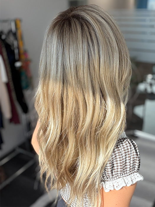 Model is wearing OLIVIA by JON RENAU in color 22F16S8 VENICE BLONDE | Light Ash Blonde and Light Natural Blonde Blend Shaded with Medium Brown