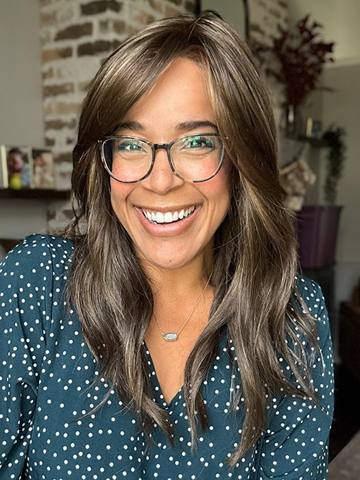 Brea @getwiggywithbrea wearing OLIVIA by JON RENAU in color 8RH14 MOUSSE CAKE | Medium Brown with 33% Medium Natural Blonde Highlights