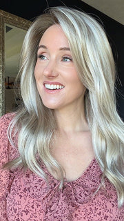 Carlyn @carlynwilson84 wearing OLIVIA by JON RENAU in color FS17/101S18 PALM SPRINGS BLONDE | Light Ash Blonde with Pure White Natural Violet Bold Highlights, Shaded with Dark Natural Ash Blonde