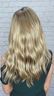 Natalie Gray @vanish.into.thin.hair wearing OLIVIA by JON RENAU in color 12FS8 SHADED PRALINE | Light Gold Brown, Light Natural Gold Blonde & Pale Natural Gold-Blonde Blend, Shaded with Medium Brown
