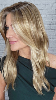 Natalie Gray @vanish.into.thin.hair wearing OLIVIA by JON RENAU in color 12FS8 SHADED PRALINE | Light Gold Brown, Light Natural Gold Blonde & Pale Natural Gold-Blonde Blend, Shaded with Medium Brown