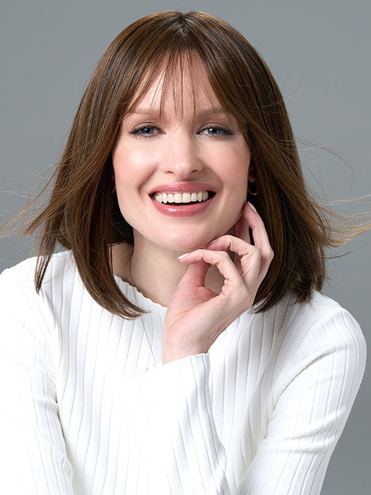 Model is wearing PAIGE by ENVY in ESPRESSO | A cool, Multi-Dimensional Medium Brown with Darker Brown Roots