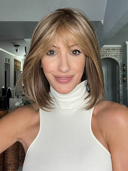 Jenna Fail @jenna_fail wearing PAIGE by ENVY in color TOASTED SESAME | Medium Brown roots with overall Warm Cinnamon base and Golden Blonde highlights