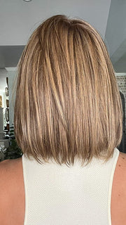 Jenna Fail @jenna_fail wearing PAIGE by ENVY in color TOASTED SESAME | Medium Brown roots with overall Warm Cinnamon base and Golden Blonde highlights