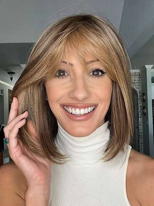 Jenna Fail @jenna_fail wearing PAIGE PETITE by ENVY in color TOASTED SESAME | Medium Brown roots with overall Warm Cinnamon base and Golden Blonde highlights