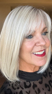 Susan Sparks @an_affair_with_hair wearing PAIGE by ENVY in color PLATINUM SHADOW | Light Blonde with Dark Roots