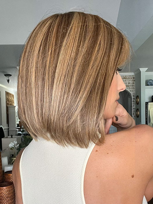 Jenna Fail @jenna_fail wearing PAIGE PETITE by ENVY in color TOASTED SESAME | Medium Brown roots with overall Warm Cinnamon base and Golden Blonde highlights