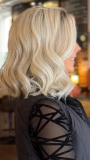 Nichole Corbett @nicholealee wearing PANACHE WAVEZ by RENE OF PARIS in color MILKY-OPAL | A Blend of Creamy Blonde and White Blonde Rooted with Warm Brown