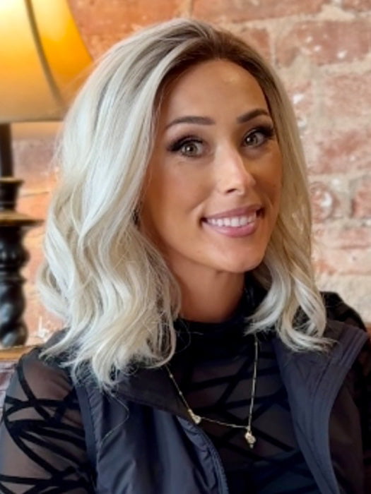 Nichole Corbett @nicholealee wearing PANACHE WAVEZ by RENE OF PARIS in color MILKY-OPAL | A Blend of Creamy Blonde and White Blonde Rooted with Warm Brown