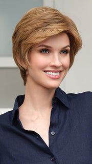 PAULA by ENVY in color TOASTED SESAME | Medium Brown roots with overall Warm Cinnamon base and Golden Blonde highlights