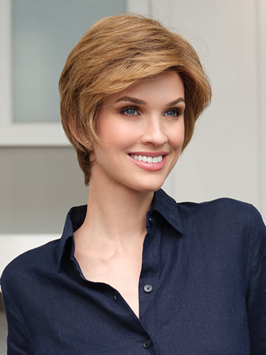PAULA by ENVY in color TOASTED SESAME | Medium Brown roots with overall Warm Cinnamon base and Golden Blonde highlights
