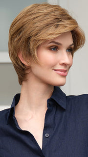 PAULA by ENVY in color TOASTED SESAME | Medium Brown roots with overall Warm Cinnamon base and Golden Blonde highlights