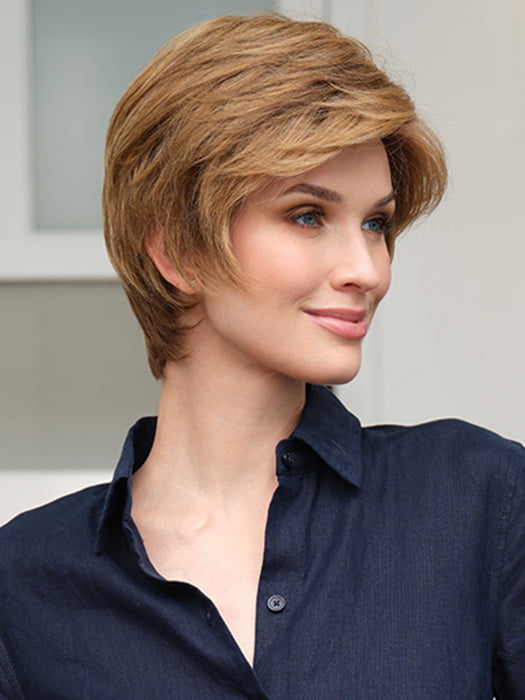 PAULA by ENVY in color TOASTED SESAME | Medium Brown roots with overall Warm Cinnamon base and Golden Blonde highlights