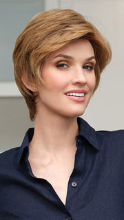 PAULA by ENVY in color TOASTED SESAME | Medium Brown roots with overall Warm Cinnamon base and Golden Blonde highlights