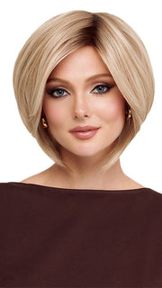 Model is wearing POISED by TressAllure in color 19/23/R12 | A beautiful blend of Platinum Blonde and Pale Golden Blonde, shaded with Dark roots