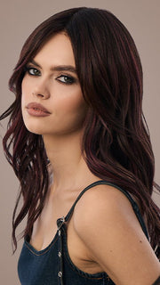 Model is wearing DEEP PLUM BROWN- R | A rich blend of deep plum and dark brown tones, enhanced by a dark root that creates a bold and dramatic impression.
