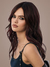 Model is wearing DEEP PLUM BROWN- R | A rich blend of deep plum and dark brown tones, enhanced by a dark root that creates a bold and dramatic impression.