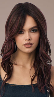 Model is wearing DEEP PLUM BROWN- R | A rich blend of deep plum and dark brown tones, enhanced by a dark root that creates a bold and dramatic impression.