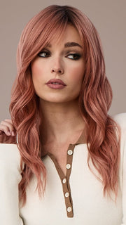 Model is wearing POSH WAVEZ in DUSTY ROSE | Medium Coral Red Base with Dark Brown Roots