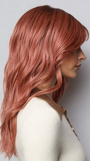 Model is wearing POSH WAVEZ in DUSTY ROSE | Medium Coral Red Base with Dark Brown Roots