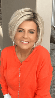 Donna @style.me.ageless wearing IGNITE by JON RENAU in color FS17/101S18 PALM SPRINGS BLONDE | Light Ash Blonde with Pure White Natural Violet Bold Highlights, Shaded with Dark Natural Ash Blonde