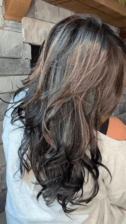 Danielle Sells @wighair_dontcare wearing AMBER by JON RENAU in color FS4/33/30A MIDNIGHT COCOA | Dark Brown, Medium Red, Medium Natural Red Blonde/Brown Blend with Medium Natural Red Blonde/Brown Blend Bold Highlights