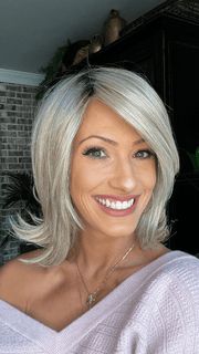 Jenna Fail @jenna_fail wearing UPSTAGE by RAQUEL WELCH WIGS in color RL19/23SS SHADED BISCUIT | Light Ash Blonde Evenly Blended with Cool Platinum Blonde with Dark Roots