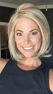 Katy C. @thewigeducator wearing UPSTAGE by RAQUEL WELCH WIGS in color RL16/88 PALE GOLDEN HONEY | Dark Natural Blonde Evenly Blended with Pale Golden Blonde