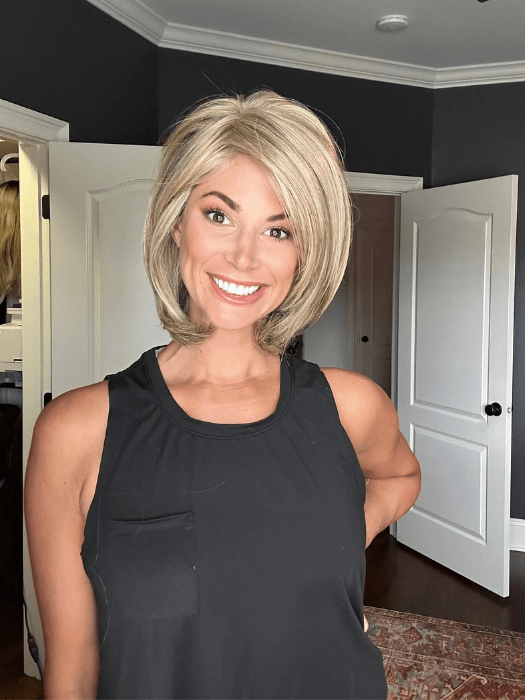 Katy C. @thewigeducator wearing UPSTAGE by RAQUEL WELCH WIGS in color RL16/88 PALE GOLDEN HONEY | Dark Natural Blonde Evenly Blended with Pale Golden Blonde