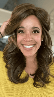 Brea @getwiggywithbrea wearing STROKE OF GENIUS by RAQUEL WELCH WIGS in color RL10/12 SUNLIT CHESTNUT | Light Chestnut Brown Evenly Blended with Light Brown
