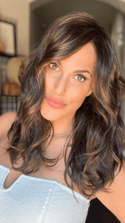 Tahnee Brown @thehairmama wearing ARROW by ELLEN WILLE in color CHOCOLATE ROOTED | Medium to Dark Brown base with Light Reddish Brown highlights and Dark Roots