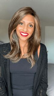 Supriya Surender @baldieboo wearing SPOTLIGHT ELITE by RAQUEL WELCH WIGS in color RL8/29SS SHADED HAZELNUT | Warm Medium Brown Evenly Blended with Ginger Blonde with Dark Roots